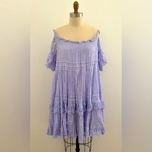 Vintage Ibiza Off-Shoulder Dress Cotton Lilac Eyelet Babydoll Knee Length M-L